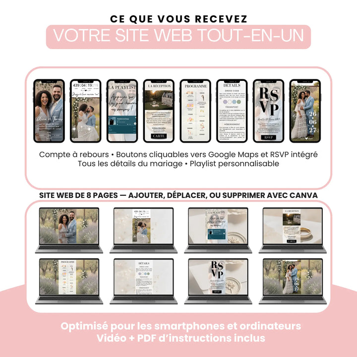Tous les écrans du faire-part digital personnalisable pour invitation renouvellement de voeux mariage. Facile à personnaliser avec Canva.