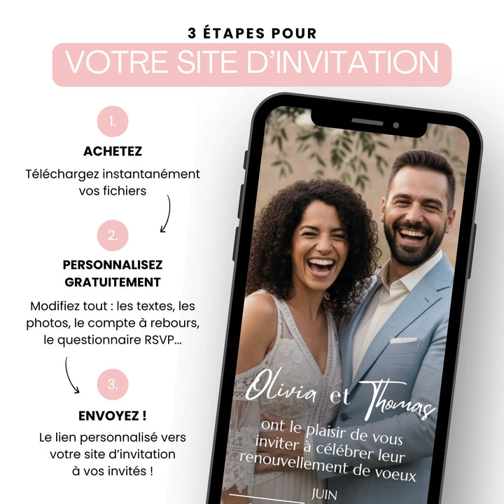 Etapes pour acheter et personnaliser votre invitation digitale personnalisée pour votre renouvellement de voeux mariage.