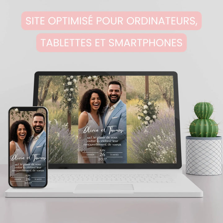 Vu ordinateur et téléphone du site invitation personnalisé pour renouvellement de voeux mariage dans Canva.