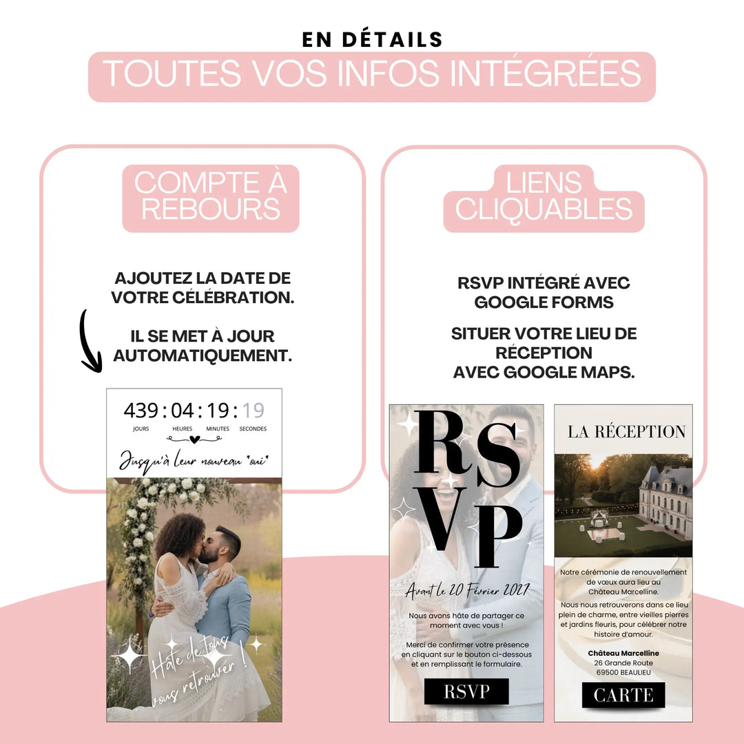Personnalisez le compte à rebours et google maps dans site renouvellement de voeux avec RSVP grâce à Canva gratuit.
