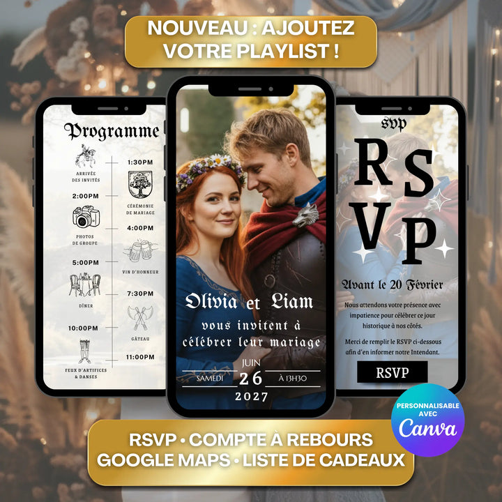 Site Invitation de Mariage Personnalisable RSVP Médiéval Fantasy