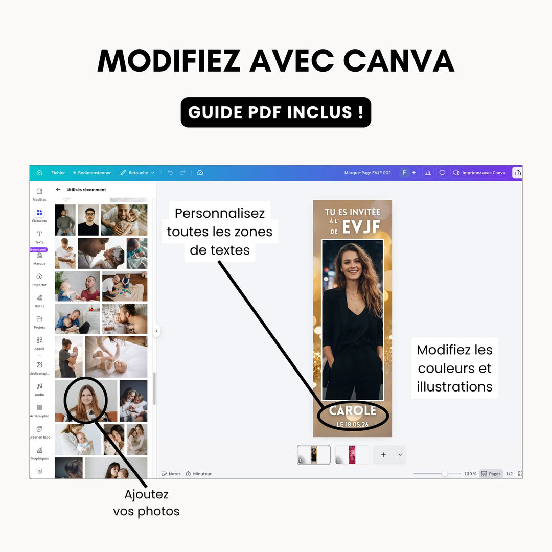 Mockup montrant un écran canva avec les modifications possibles sur un modèle de maruqe page invitation EVJF
