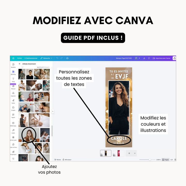 Mockup montrant un écran canva avec les modifications possibles sur un modèle de maruqe page invitation EVJF