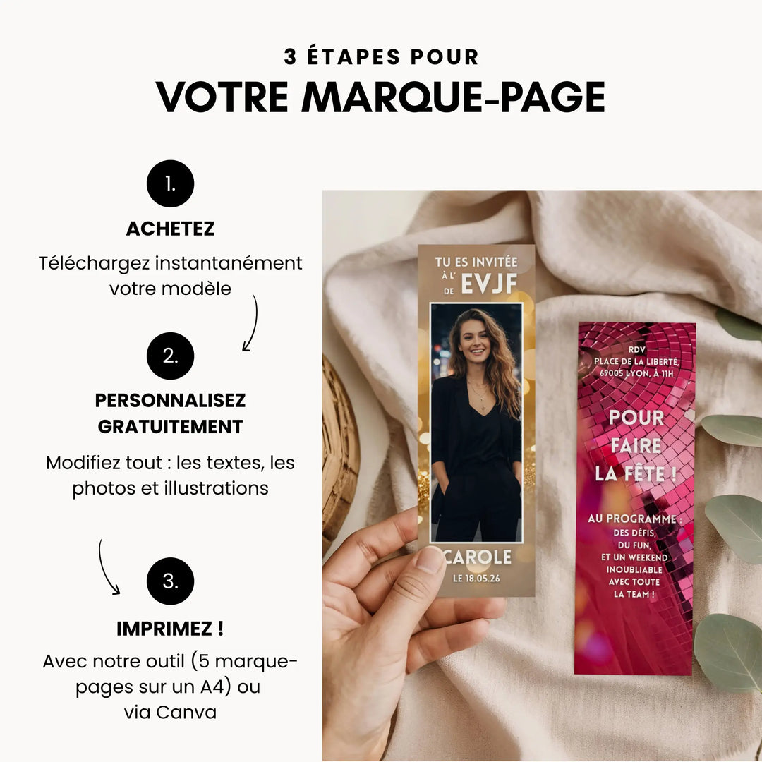 Etapes pour créer son marque-page invitation EVJF 100% personnalisé.