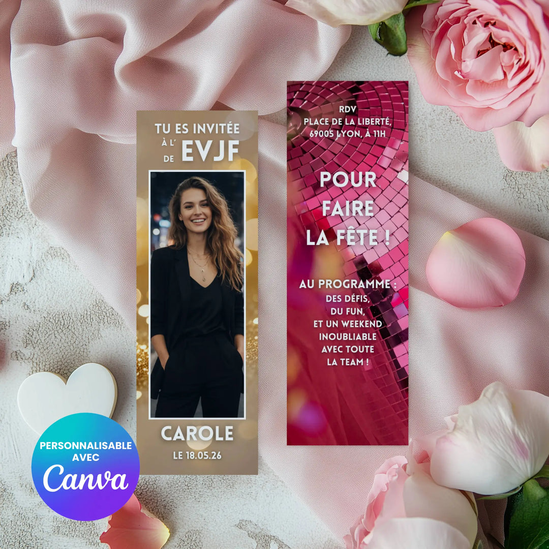 Superbe invitation EVJF personnalisée au format marque-page, unique et original.