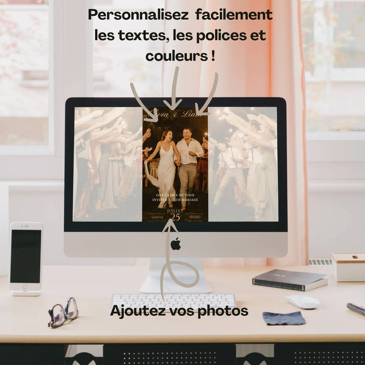 Invitation mariage originale bohème affichée sur écran d’ordinateur, avec options de personnalisation Canva visibles.