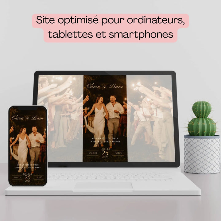 Invitation mariage originale bohème affichée sur ordinateur et smartphone, site digital compatible tous supports.