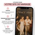 Charger l'image dans la visionneuse de la galerie, Invitation mariage originale bohème sur smartphone avec guide en 3 étapes pour personnaliser le site de mariage sur Canva.
