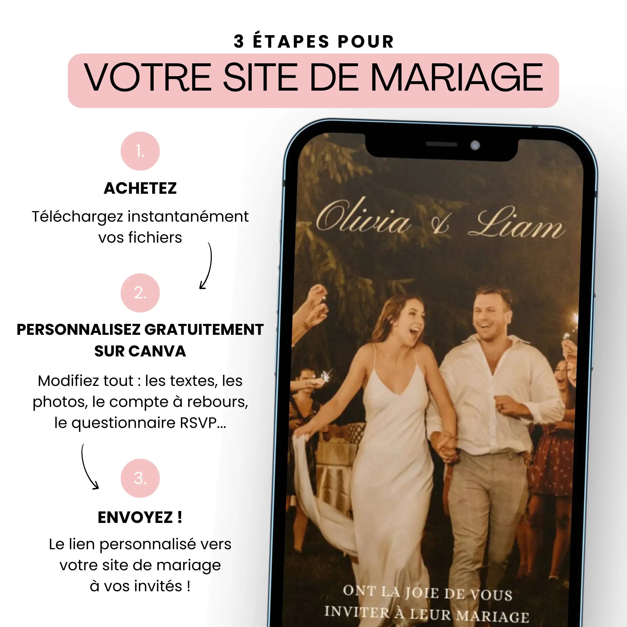 Invitation mariage originale bohème sur smartphone avec guide en 3 étapes pour personnaliser le site de mariage sur Canva.