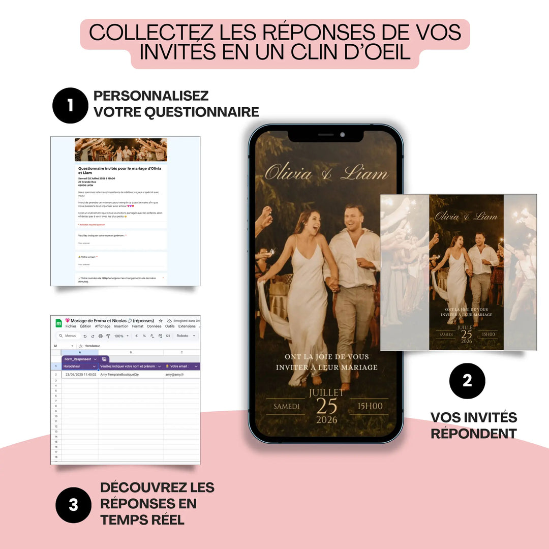 Invitation mariage digitale bohème avec formulaire RSVP et réponses en temps réel pour organiser le jour J.