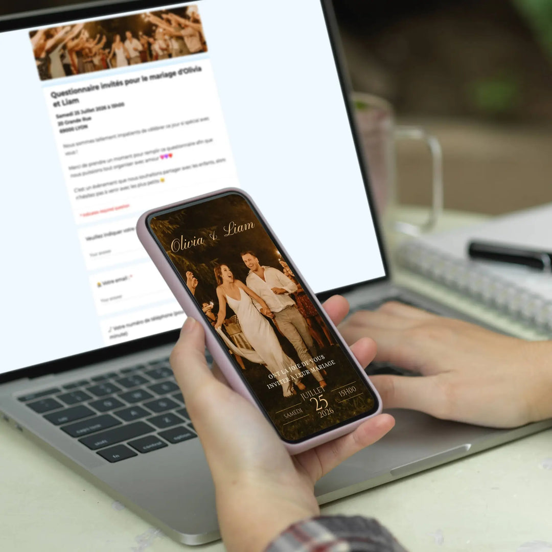 Invitation mariage originale style bohème affichée sur smartphone, avec formulaire RSVP visible sur un ordinateur.