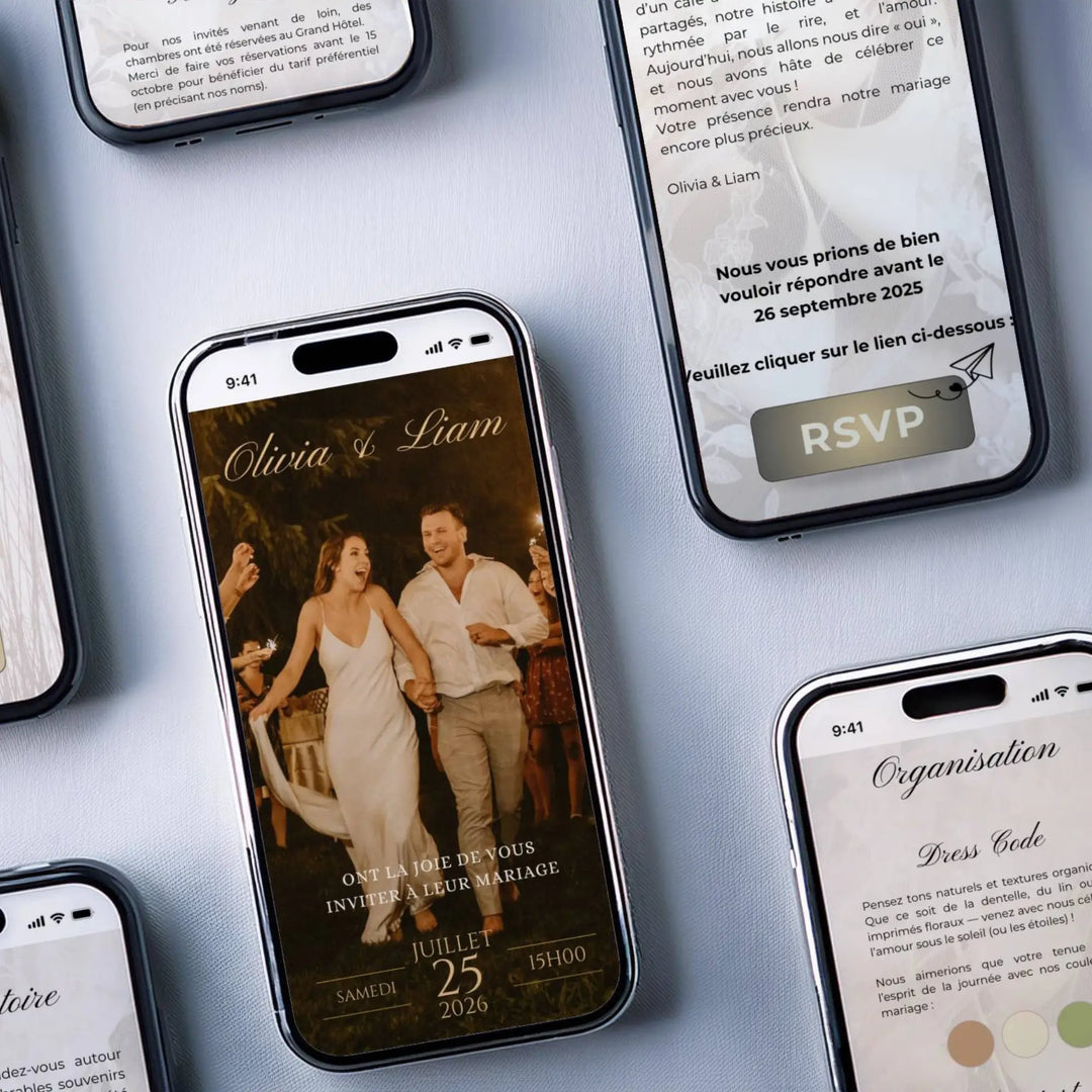 Invitation vidéo mariage originale au style bohème avec photo de couple joyeux et date du 25 juillet 2026.