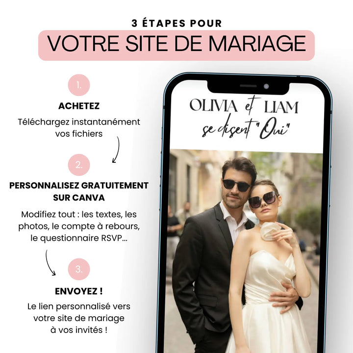 Création de site de mariage personnalisable sur Canva avec photo du couple, tutoriel en 3 étapes et texte “Olivia et Liam se disent Oui”.