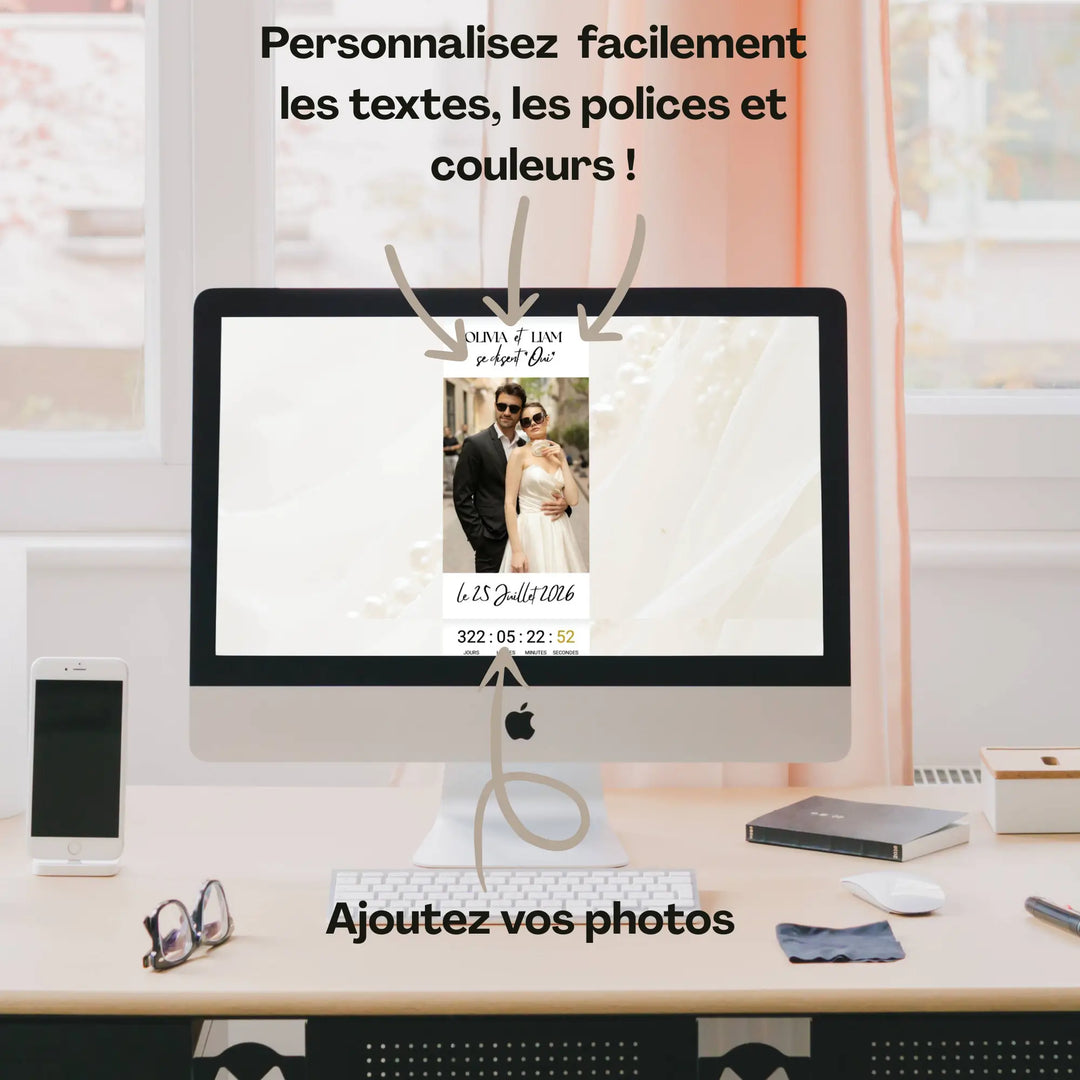 Modèle d’invitation mariage originale personnalisable sur Canva avec photo, texte et compte à rebours affichés sur écran d’ordinateur.