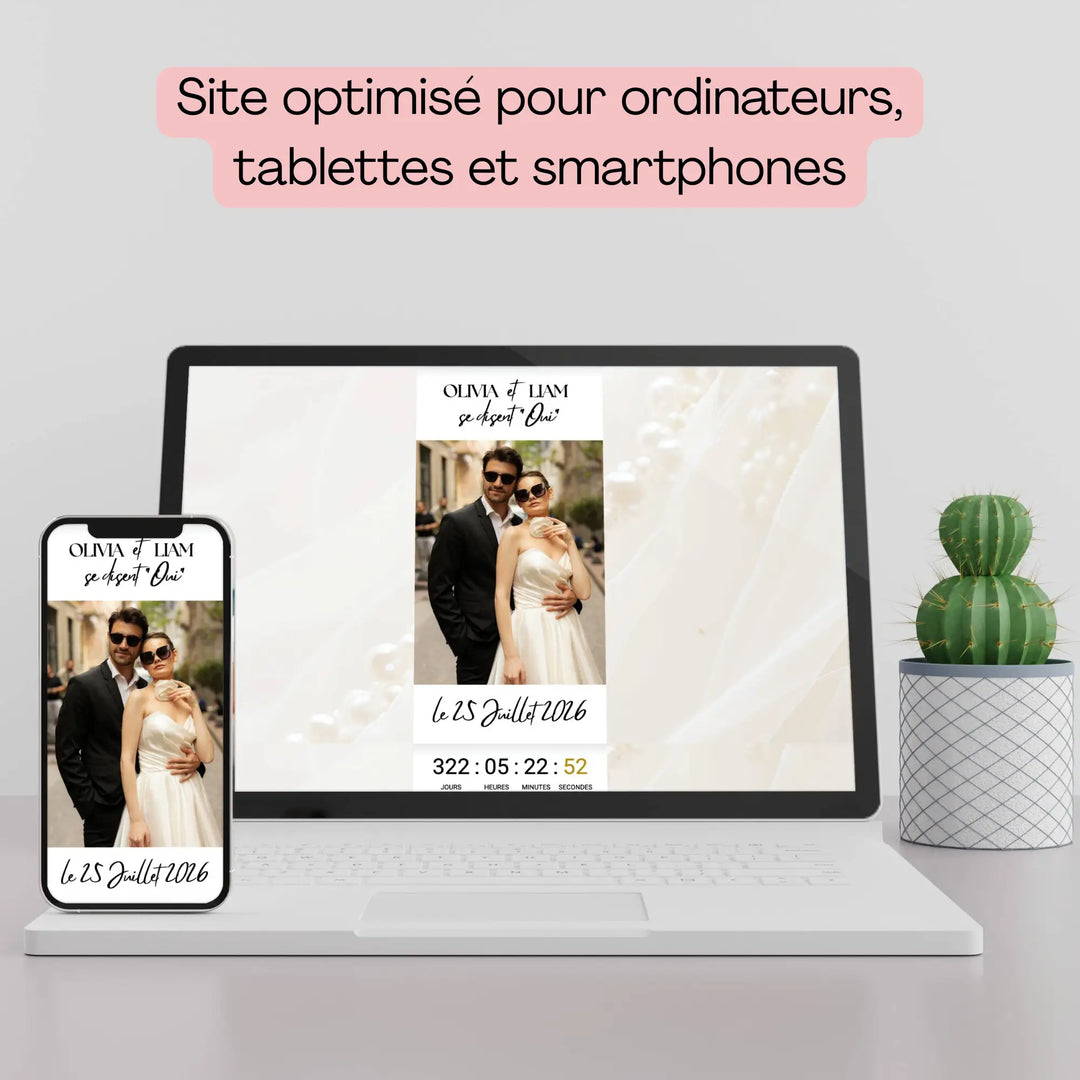 Site de mariage personnalisable avec compte à rebours visible sur smartphone et ordinateur, optimisé tous supports.