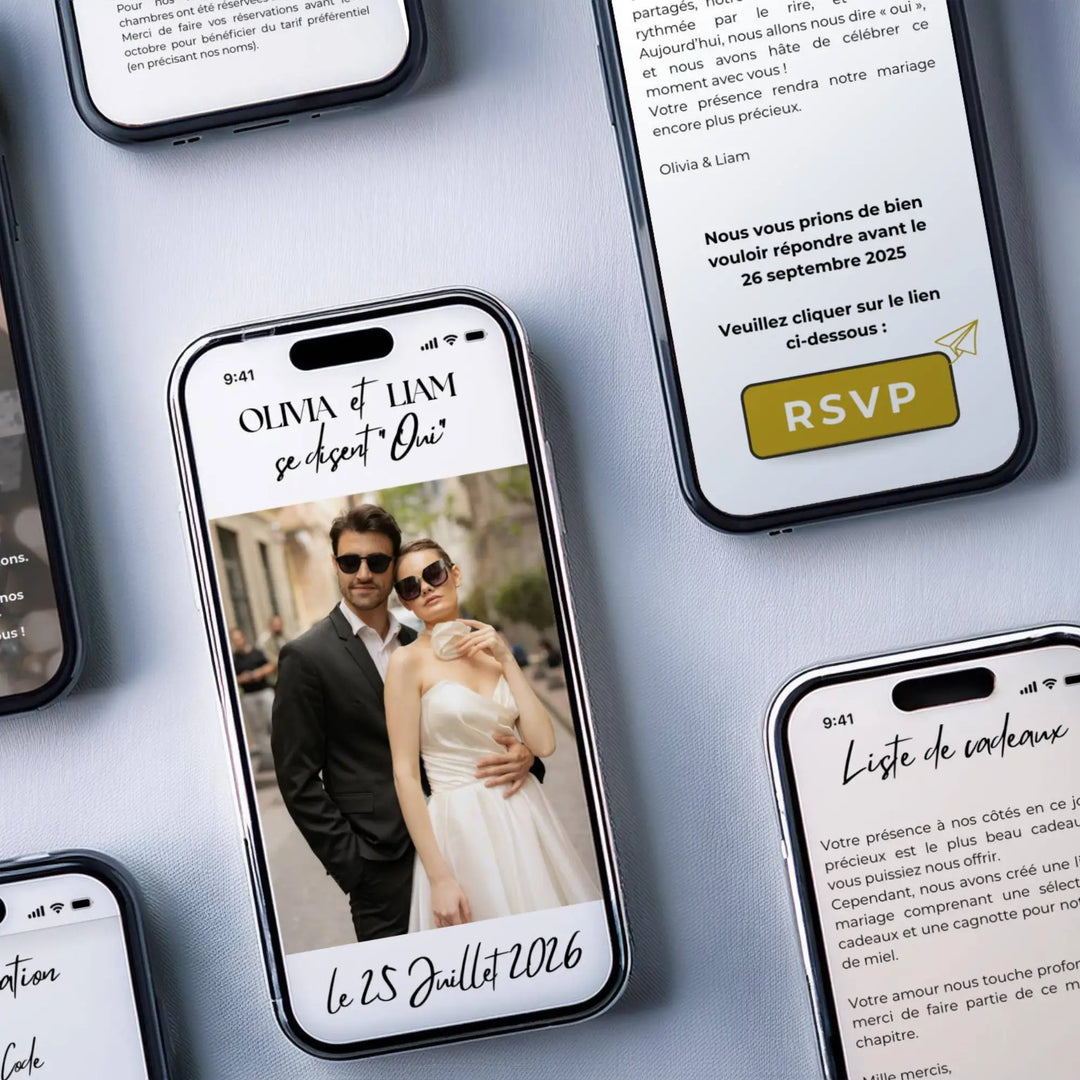 Aperçu de l’invitation mariage originale digitale avec photo, lien RSVP et liste de cadeaux affichés sur smartphones.