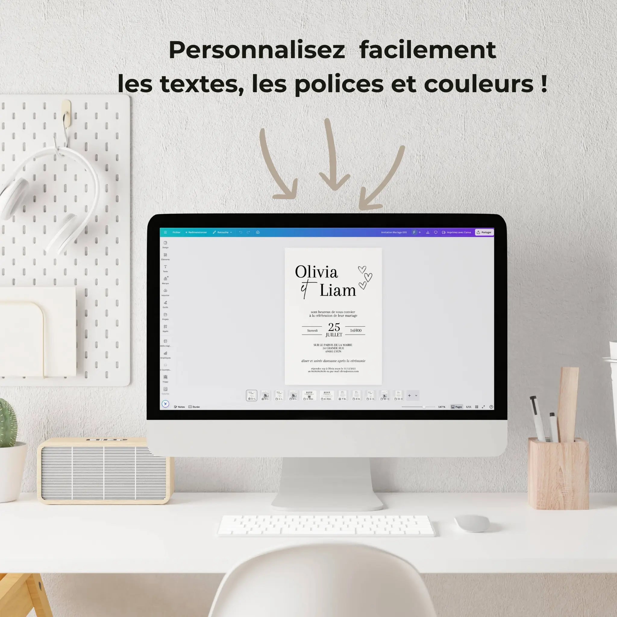 Modèle invitation de mariage personnalisable sur Canva – changez facilement les textes, polices et couleurs. Téléchargement instantané, prêt à imprimer ou envoyer en digital.