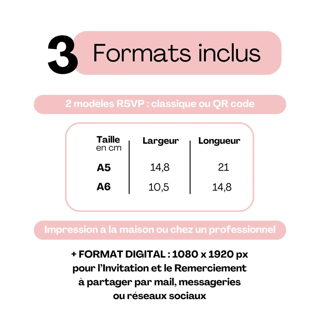 Formats inclus pour invitation de mariage et cartes RSVP personnalisables – A5, A6 et format digital.