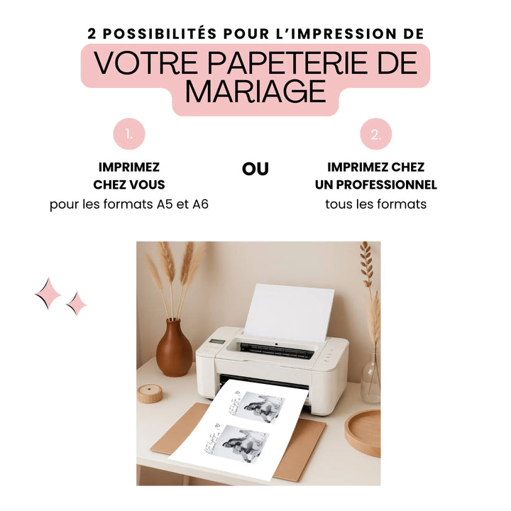 nvitation de mariage personnalisable avec RSVP, impression maison aux formats A5 et A6 ou impression professionnelle tous formats. Téléchargement instantané et personnalisation facile sur Canva.