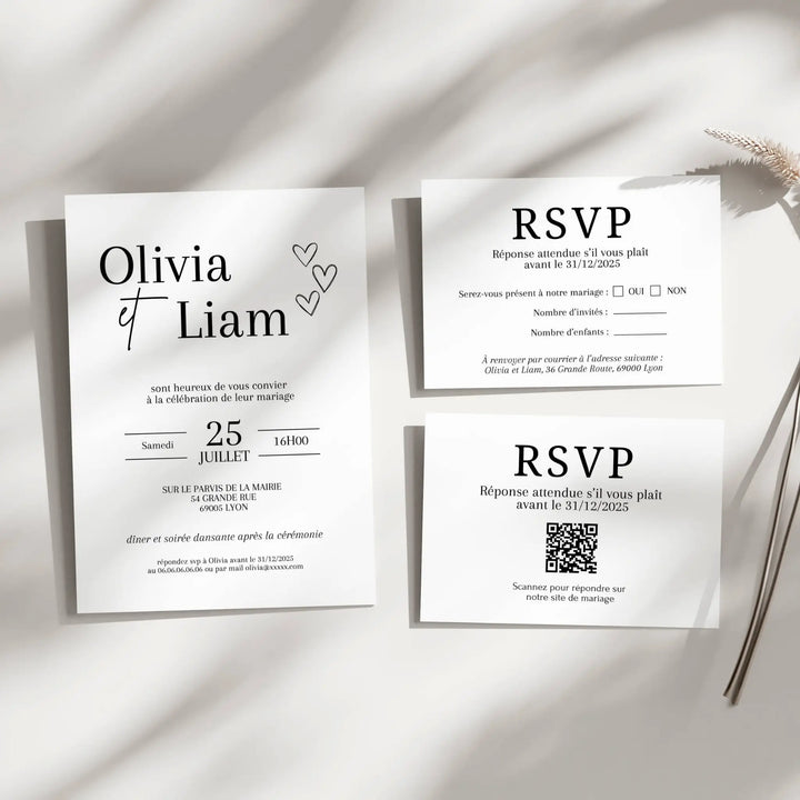 Invitation de mariage élégante avec cartes RSVP assorties, personnalisation Olivia et Liam.