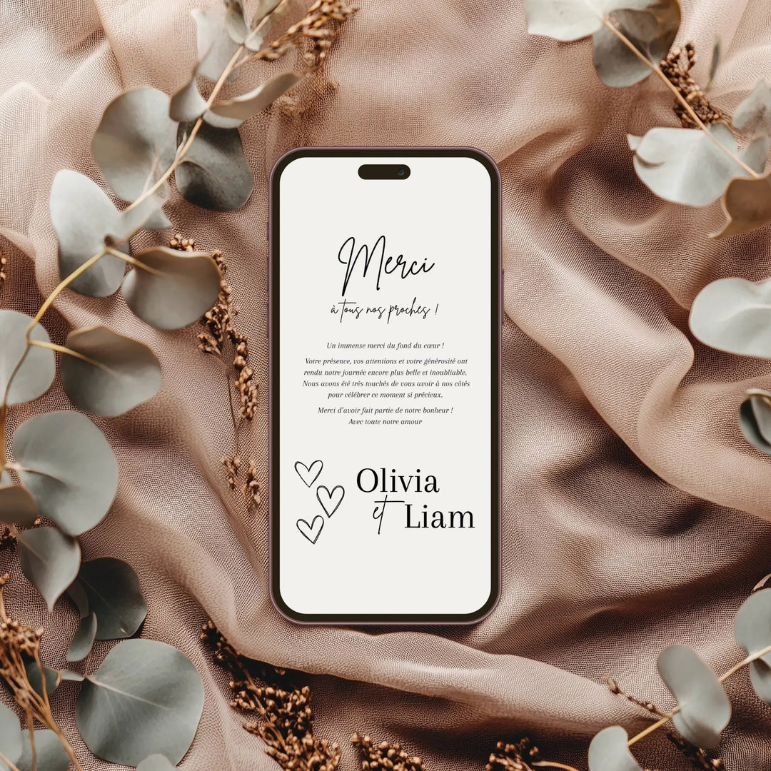 Carte de remerciement mariage Canva – format digital pour téléphone, personnalisable avec vos prénoms et message, à partager facilement par mail, WhatsApp ou réseaux sociaux.