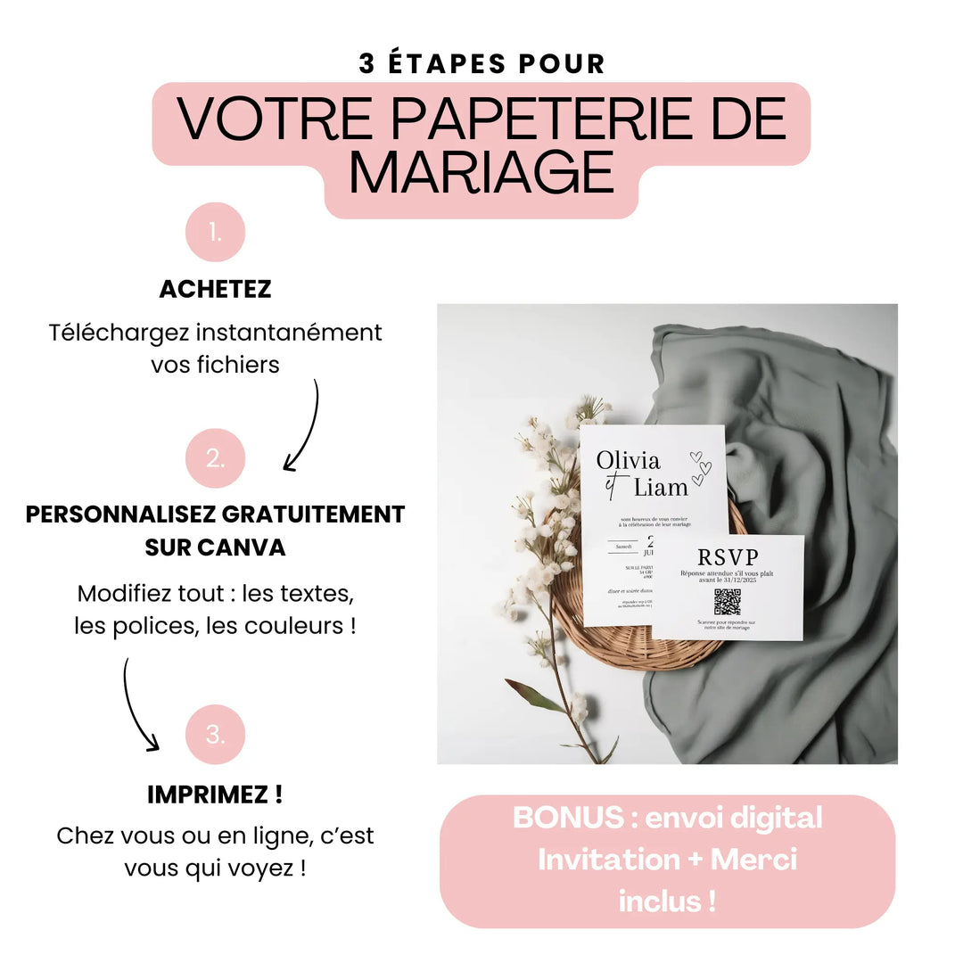 Papeterie de mariage personnalisable Canva, invitation + carte RSVP assorties, textes et couleurs modifiables. Téléchargement instantané, impression maison ou professionnelle, bonus digital inclus (invitation + carte merci).