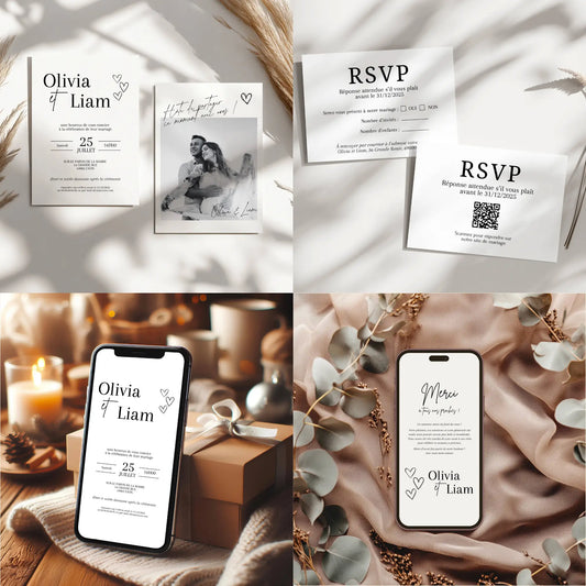 Set papeterie mariage Canva personnalisable – invitation de mariage, carte RSVP avec QR code, version digitale pour téléphone et carte de remerciement. Modèles modernes et élégants, éditables et imprimables.
