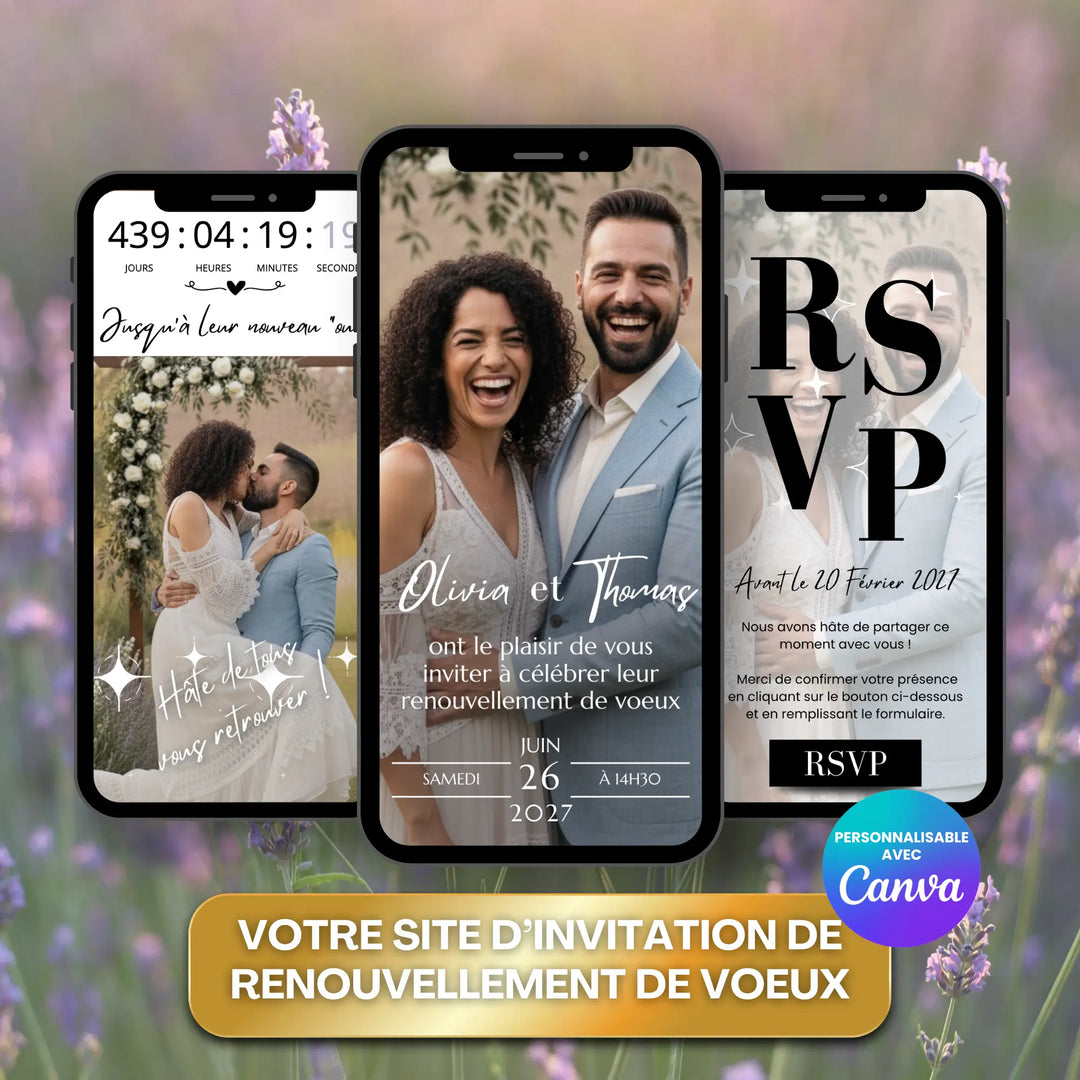 Photo de l'invitation digitale personnalisée pour le renouvellement de voeux mariage.