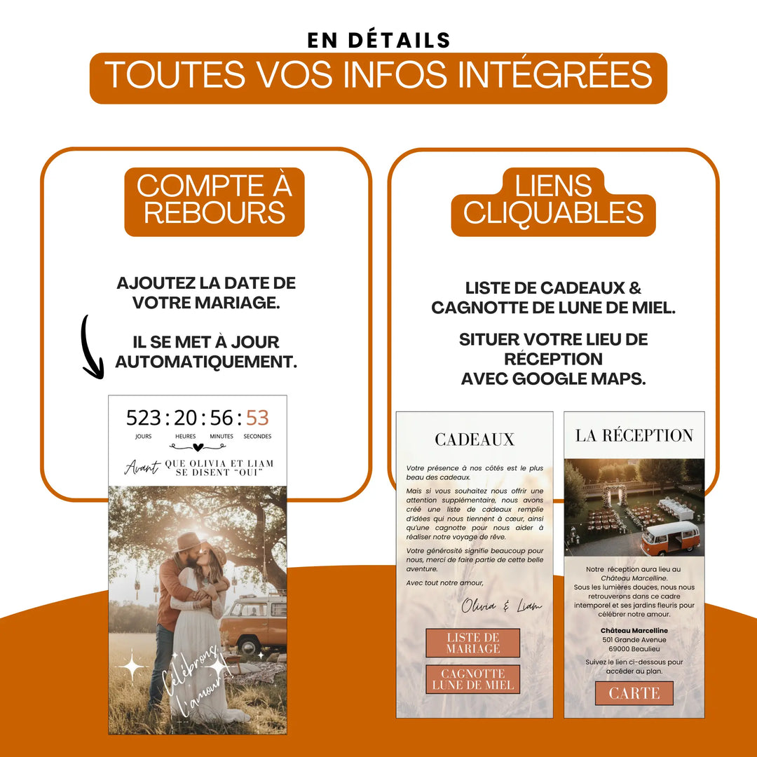 Compte à rebours mariage en direct et liens vers liste cadeaux et Google Maps pour la réception mariage dans un faire-part mariage.
