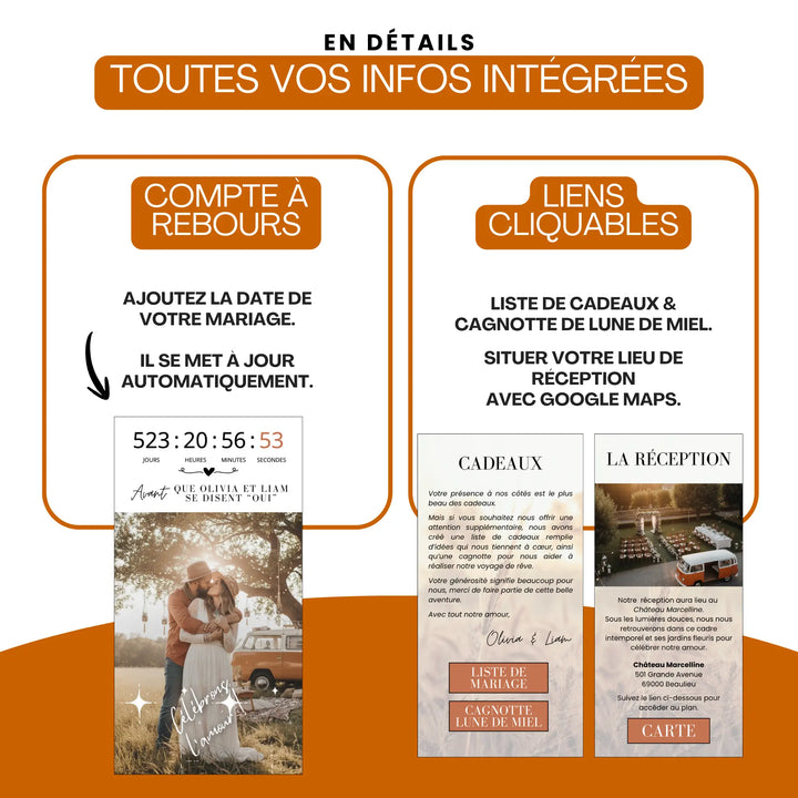 Compte à rebours mariage en direct et liens vers liste cadeaux et Google Maps pour la réception mariage dans un faire-part mariage.