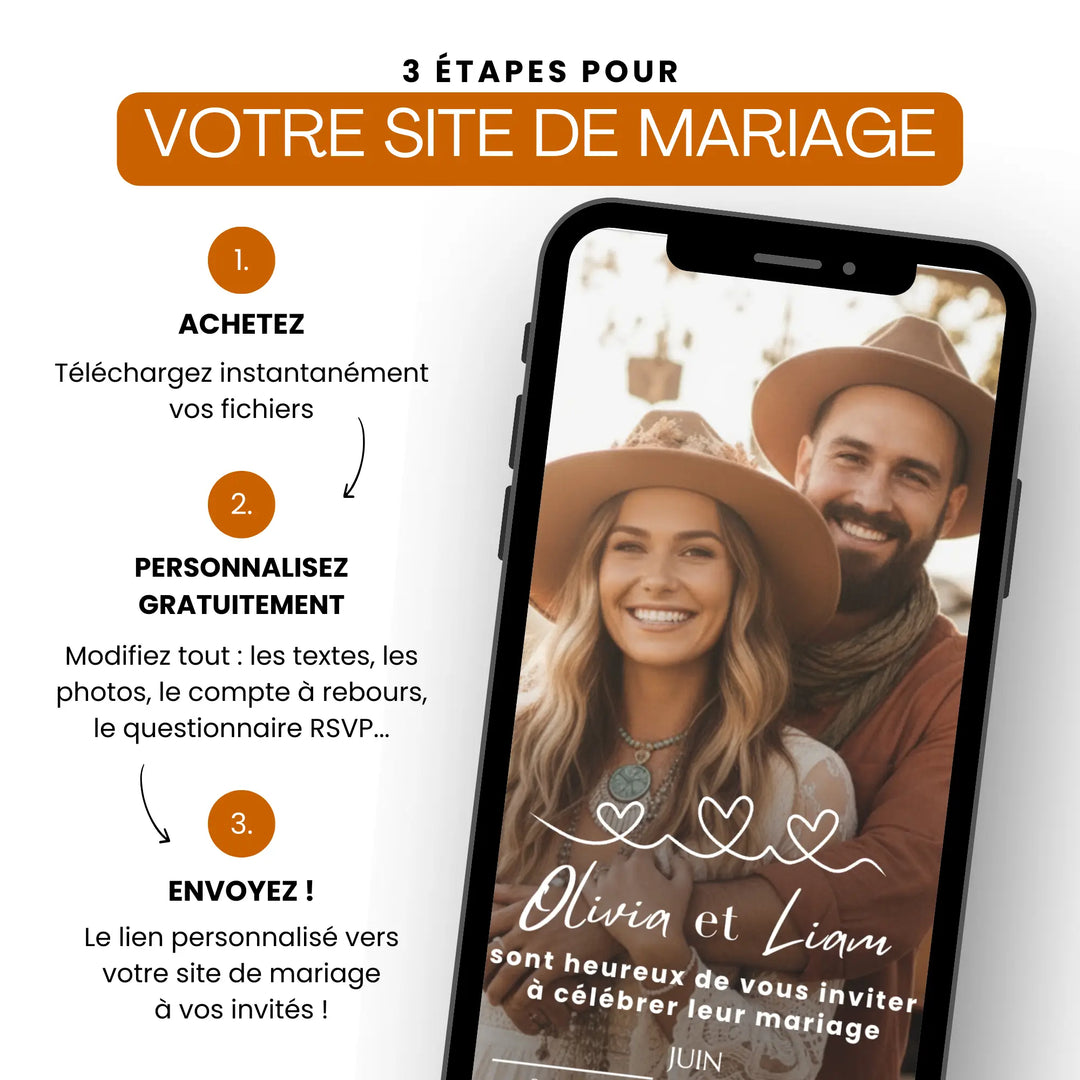 Etapes pour personnaliser une invitation digitale mariage pour un mariage champêtre ou rustique chic.