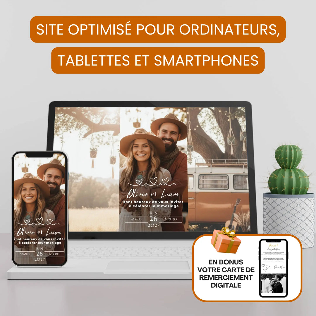 Faire-part digital mariage optimisé téléphone et ordinateur pour un mariage bohème chic.