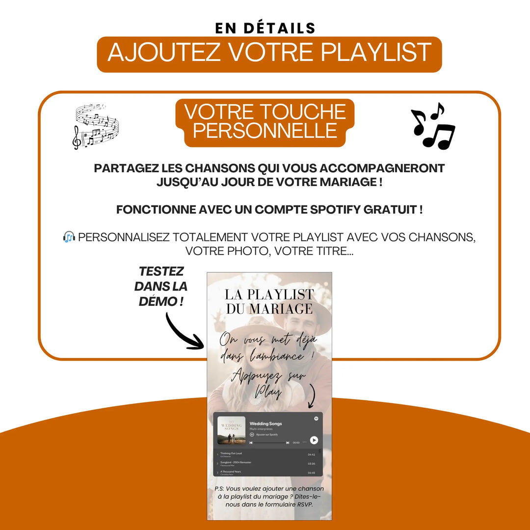 Comment ajouter une playlist personnalisée à votre site de mariage bohème terracotta, invitation digitale.