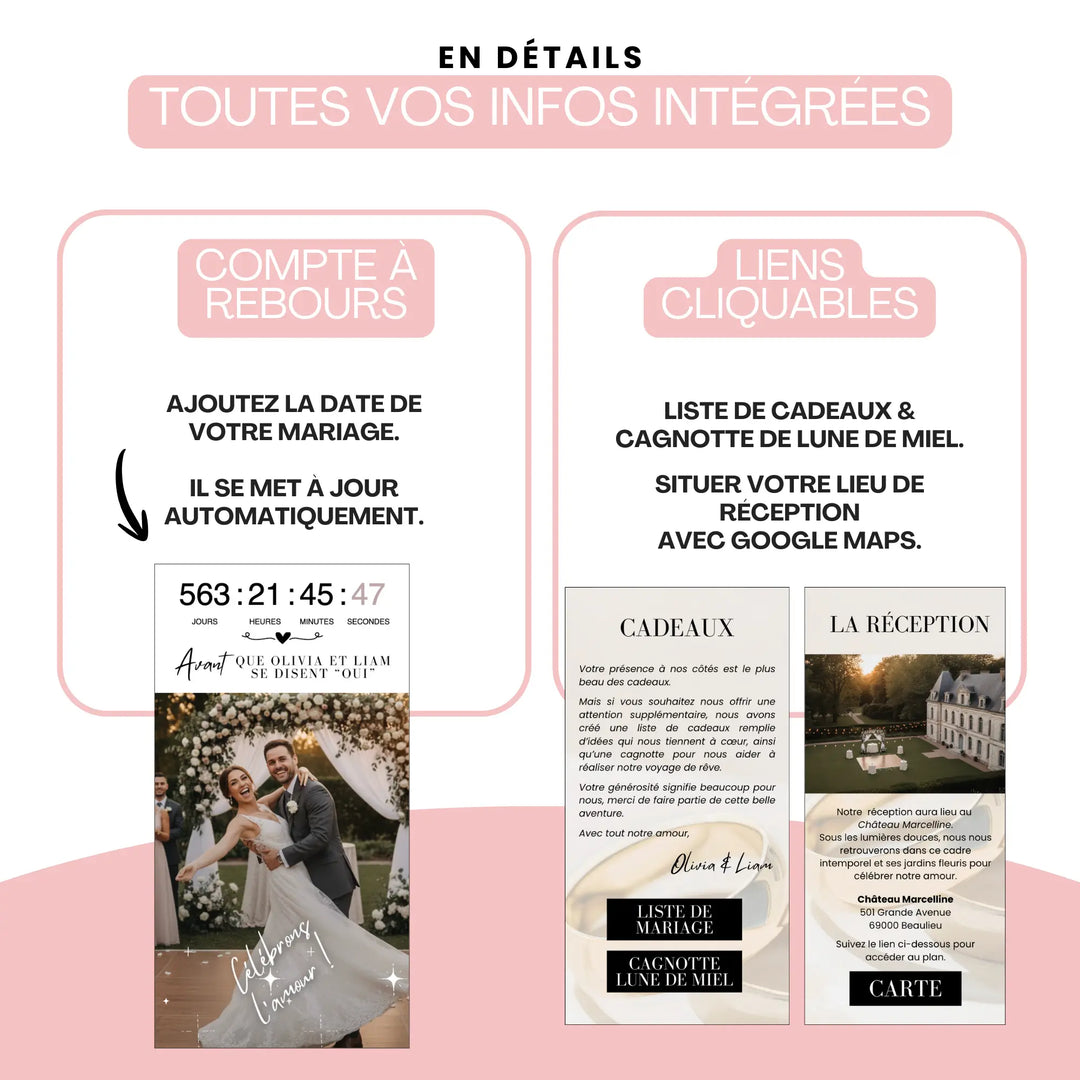 Etapes pour un faire-part digital mariage ou site de mariage personnalisable.