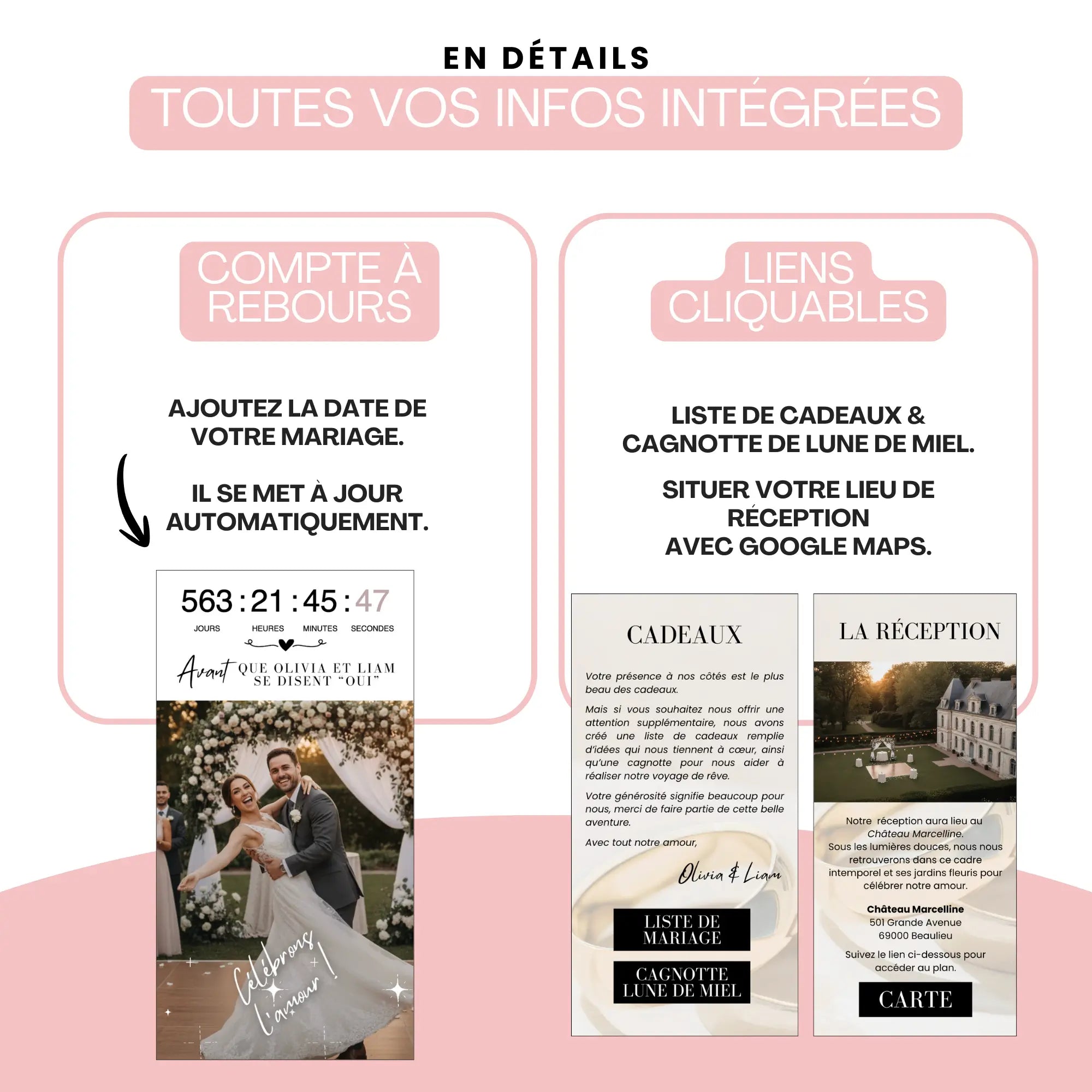 Etapes pour un faire-part digital mariage ou site de mariage personnalisable.
