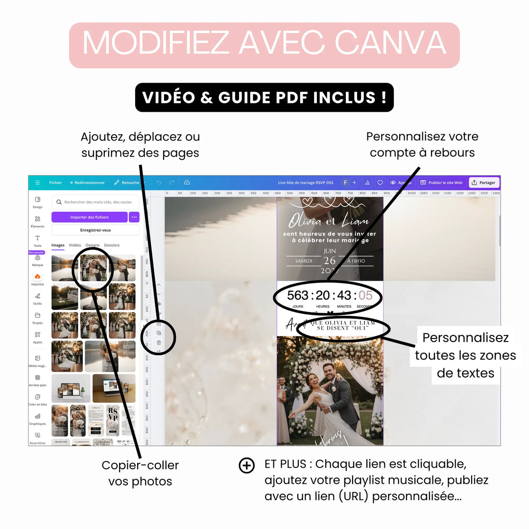 Ecran Canva montre les modifications d'un faire-part mariage.