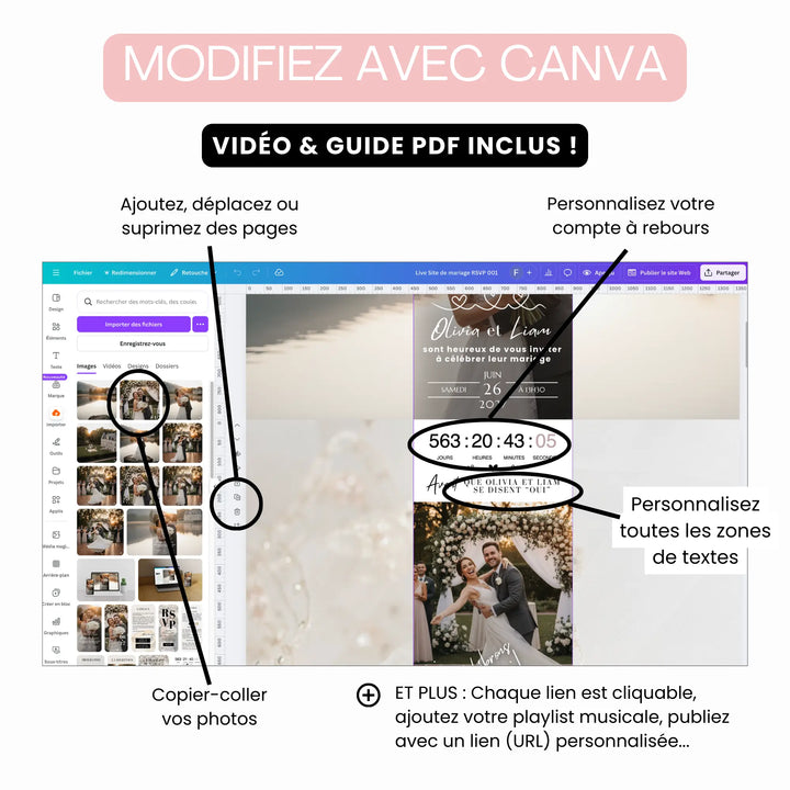 Ecran Canva montre les modifications d'un faire-part mariage.