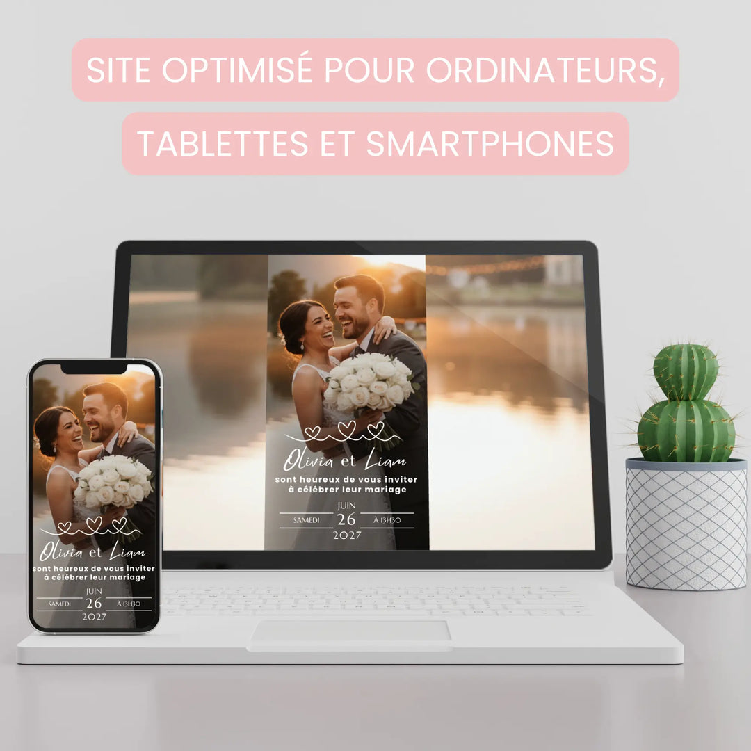 Vue ordinateur et télphone d'un site de mariage comme invitation personnalisable avec Canva.