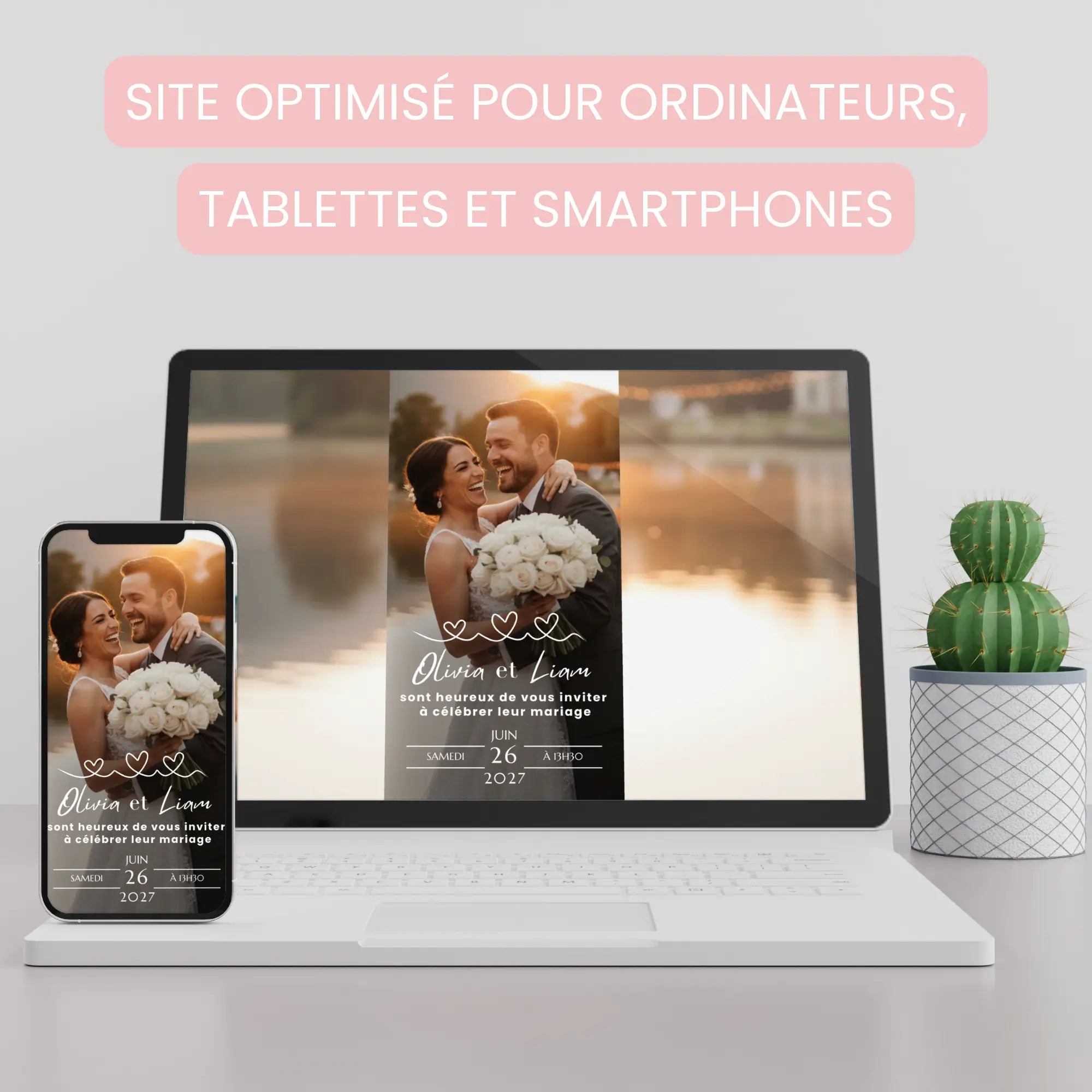 Vue ordinateur et télphone d'un site de mariage comme invitation personnalisable avec Canva.
