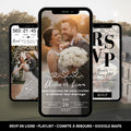 Trois vues de téléphones montrant un faire-part mariage, compte à rebours, RSVP mariage.