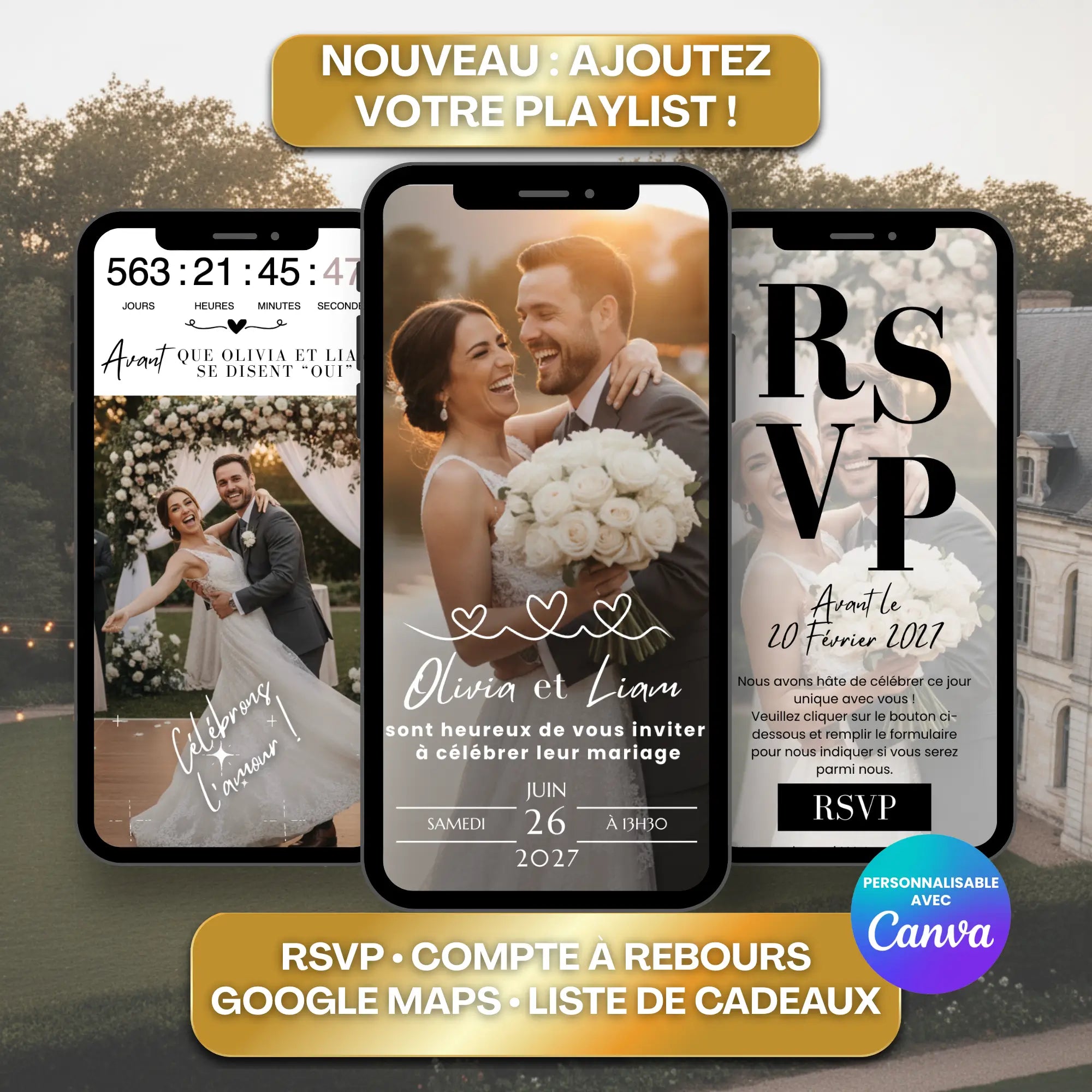 Trois vues de téléphones montrant un faire-part mariage, compte à rebours, RSVP mariage.
