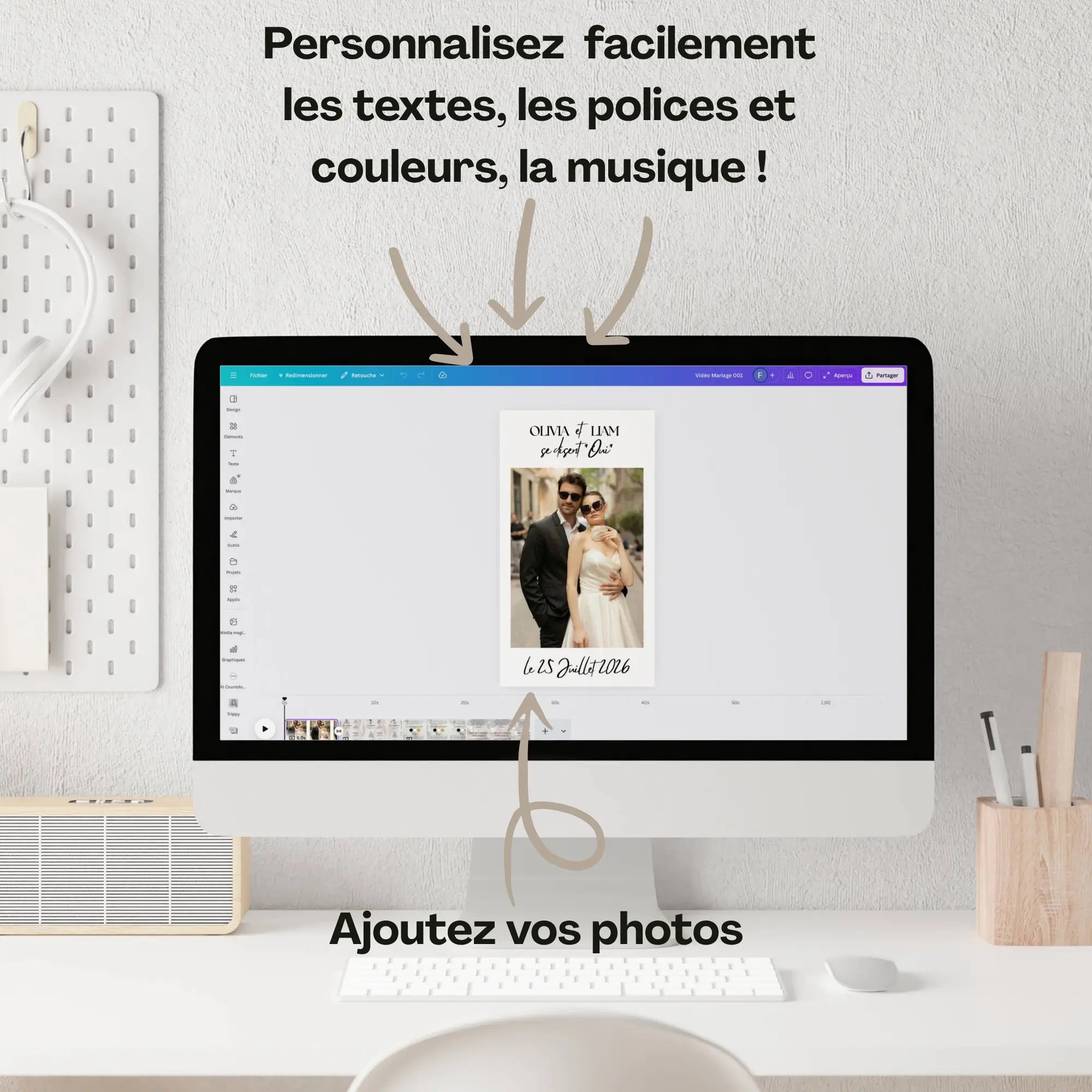 Interface Canva affichant une invitation vidéo mariage originale personnalisable avec photo, texte, musique et couleurs.