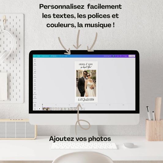 Interface Canva affichant une invitation vidéo mariage originale personnalisable avec photo, texte, musique et couleurs.
