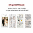 Charger l'image dans la visionneuse de la galerie, Contenu de l’invitation vidéo mariage originale au format vertical MP4 avec 4 pages personnalisables : accueil, programme, détails et remerciements.
