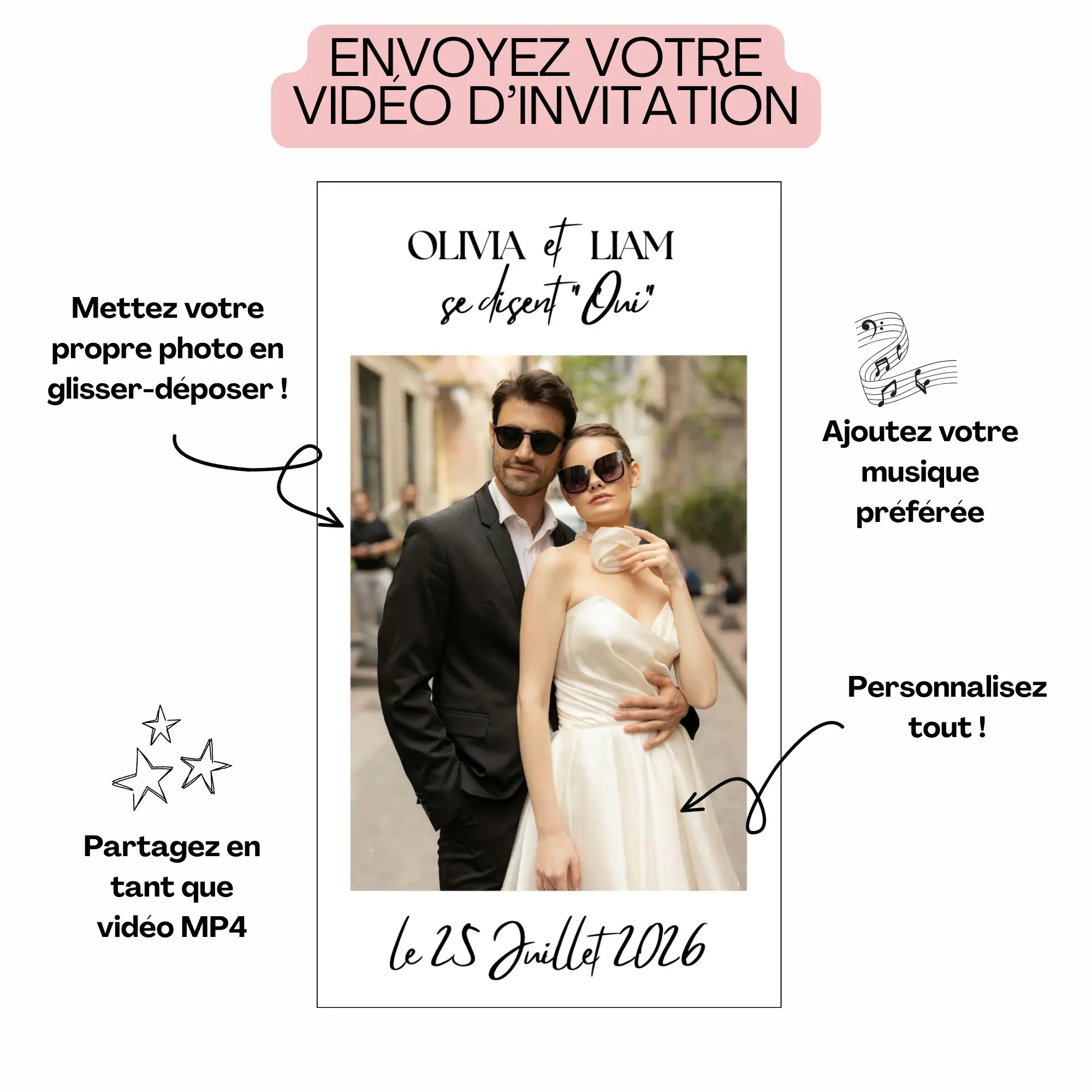 Invitation vidéo mariage originale à personnaliser avec photo, musique et texte, puis à partager au format MP4.