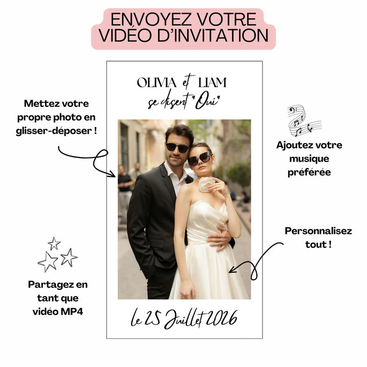 Invitation vidéo mariage originale à personnaliser avec photo, musique et texte, puis à partager au format MP4.