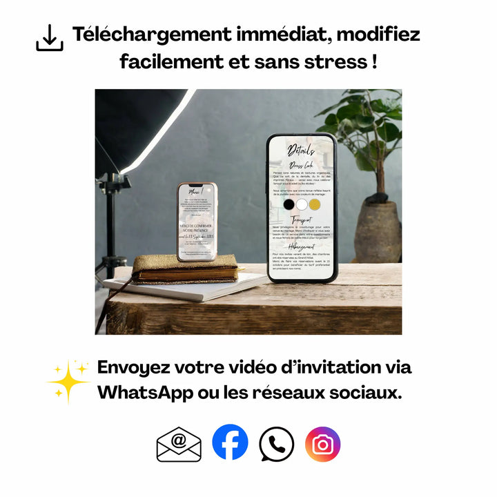 Exemple d’invitation vidéo mariage originale affichée sur smartphone, à modifier facilement et envoyer via WhatsApp ou réseaux sociaux.