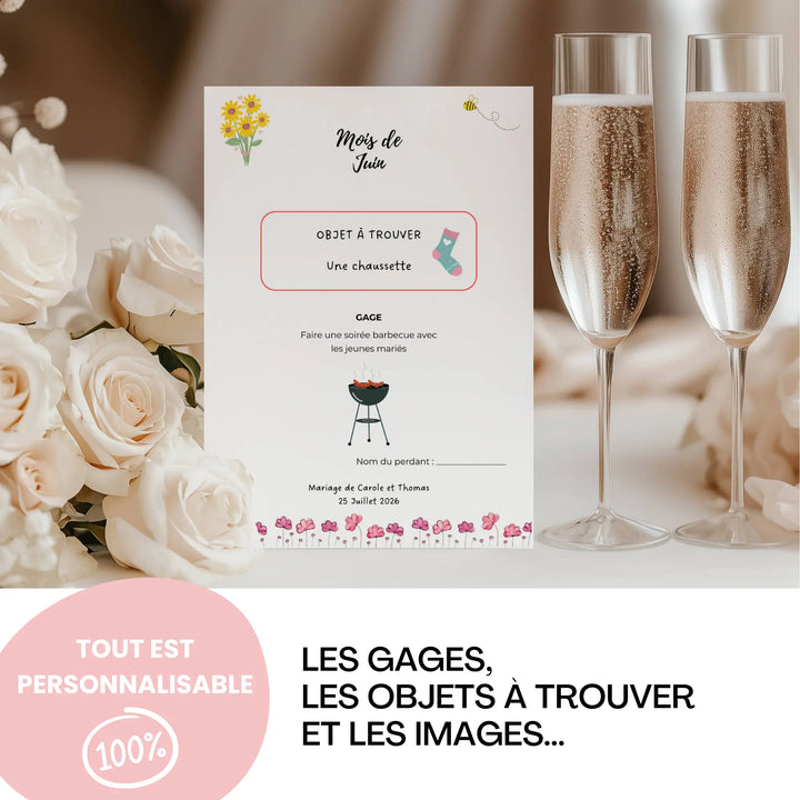 Carte du jeu des 12 mois mariage personnalisable : mois de juin, objet à trouver une chaussette, gage barbecue avec les mariés, modèle Canva modifiable