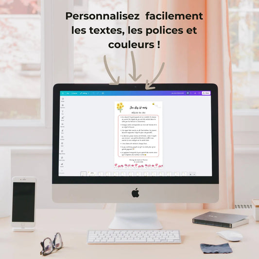 Jeu des 12 mois mariage sur Canva : personnalisation facile des règles du jeu, textes, polices et couleurs avant impression