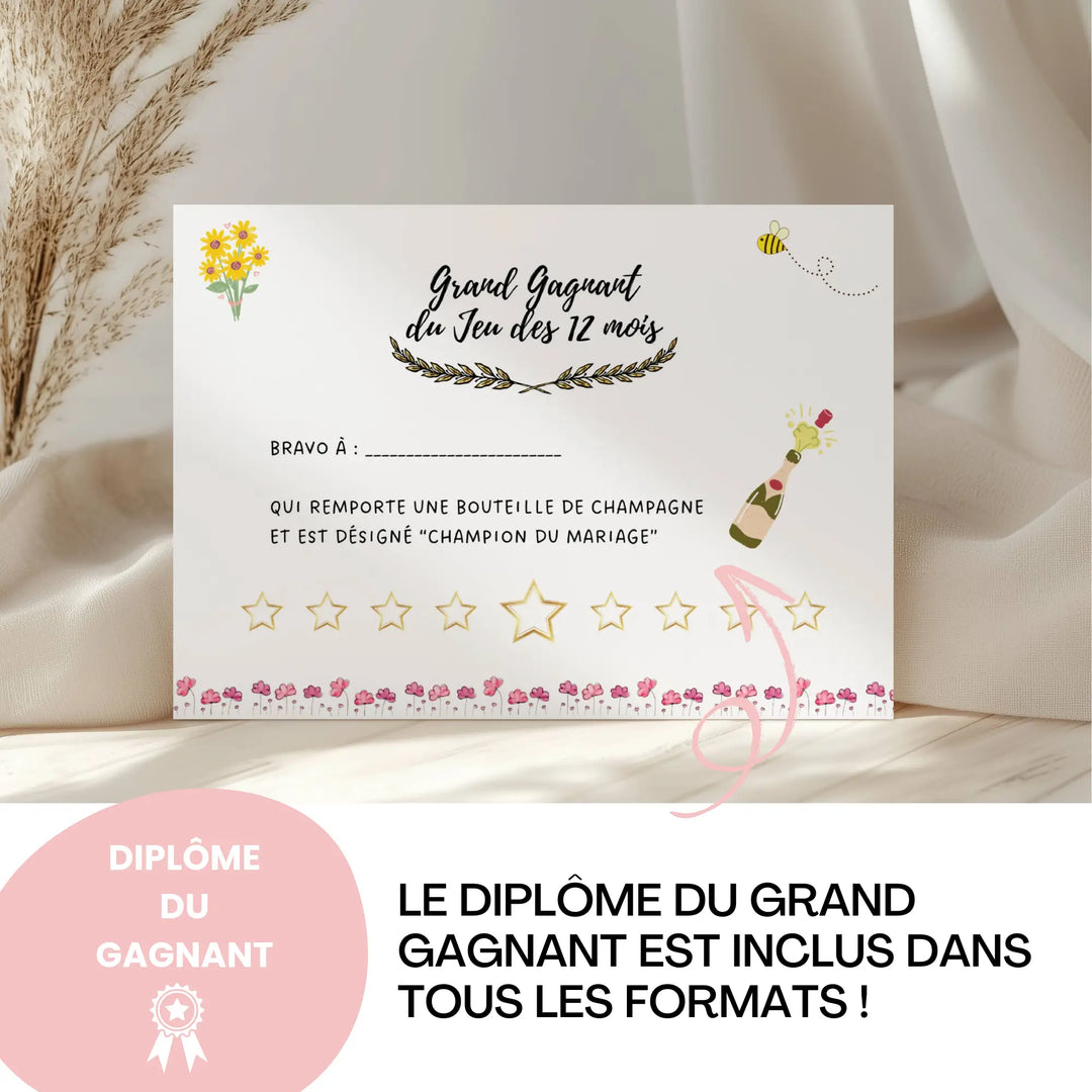 Diplôme du grand gagnant du jeu des 12 mois mariage. Certificat personnalisable pour récompenser le champion du mariage avec une bouteille de champagne